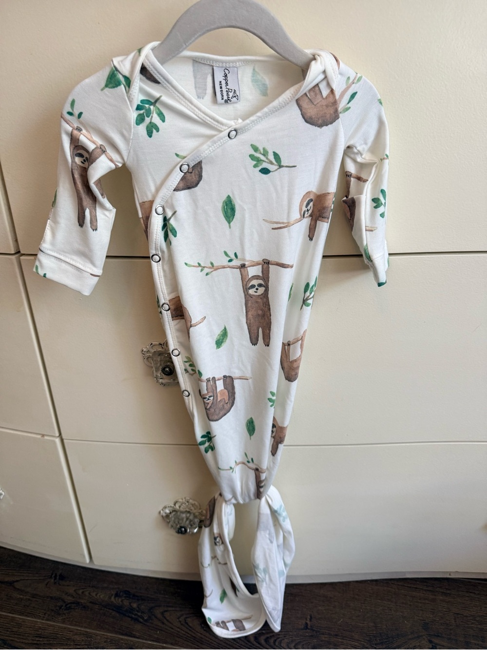 Copper Pearl Noah Sloth Print Knotted Baby Gown - Cream with Brown & Green